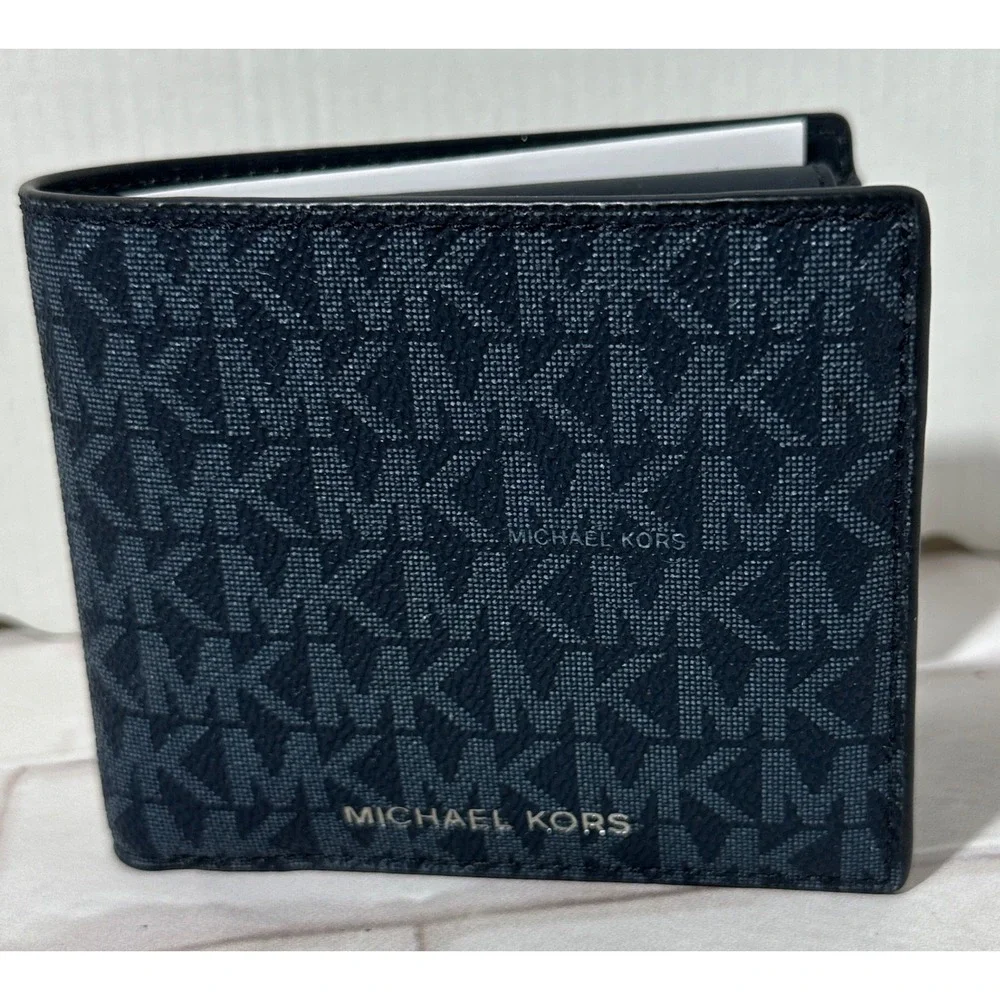 Michael Kors Cooper Billfold Wallet Coin Pocket Signature MK Logo Navy‎ Blue